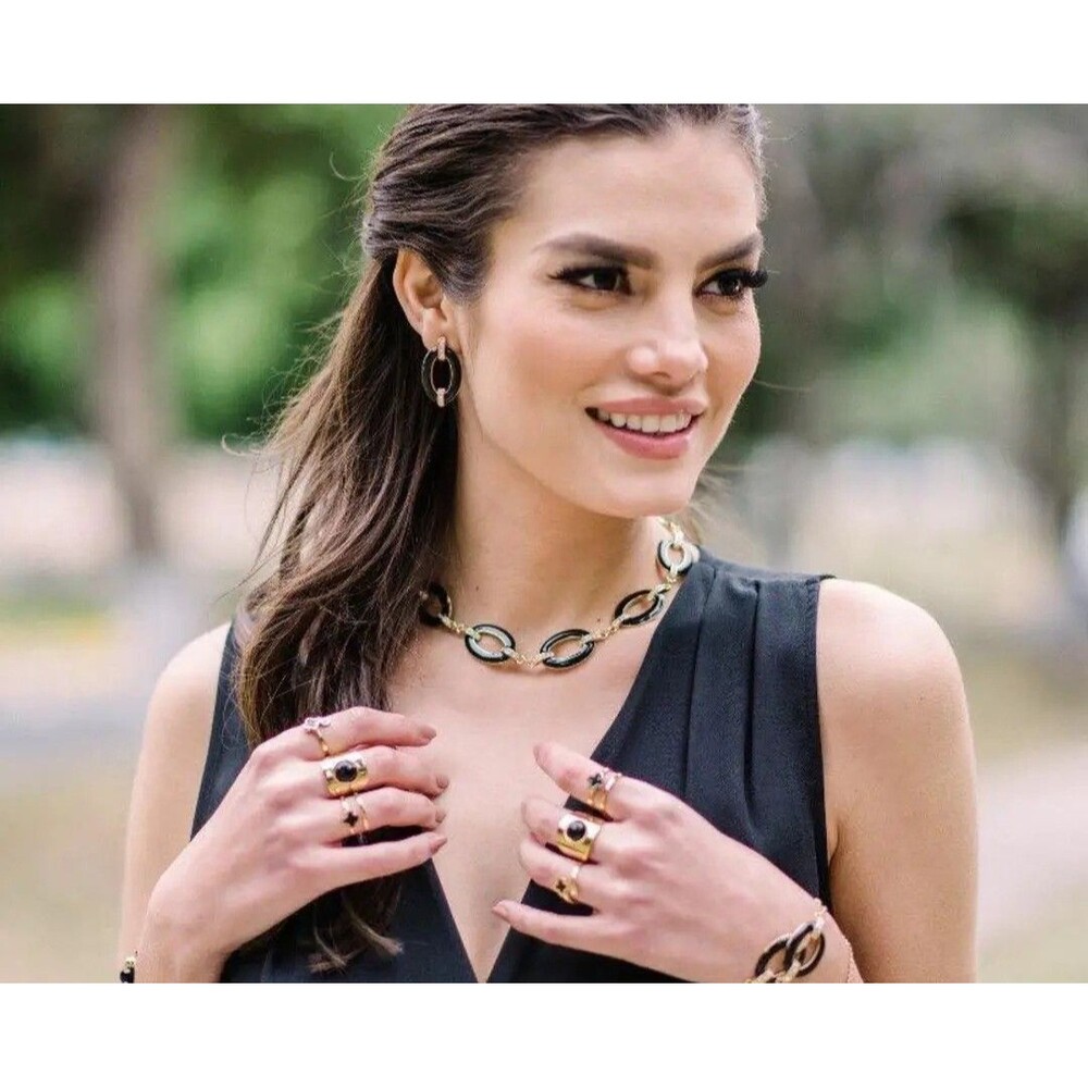 3 Pc Set Black Enamel Gold Tone Link Necklace Set Rhinestone Chunky 16-19" Vtg